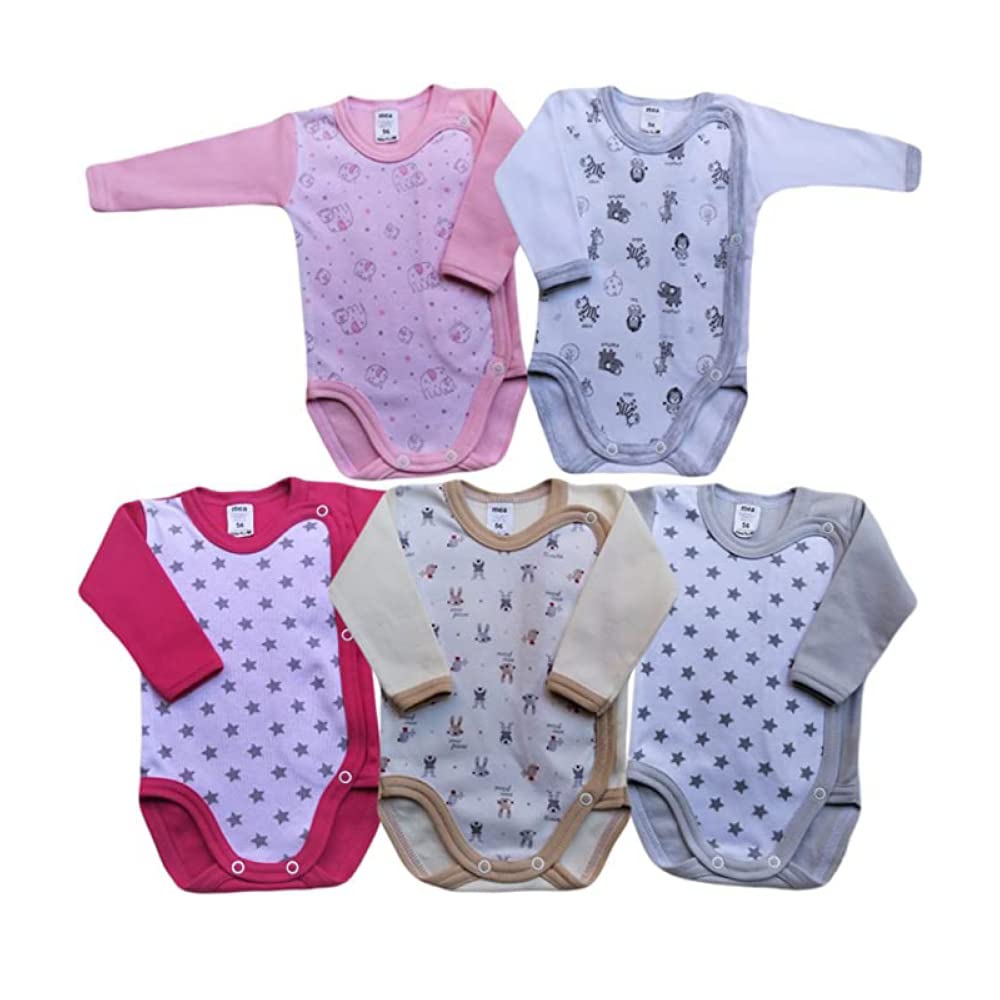 Unisex Baby Langarm Body aus 100% Baumwolle im 5er Pack, Baby Langarm Wickelbody mit Print, Baby Wic