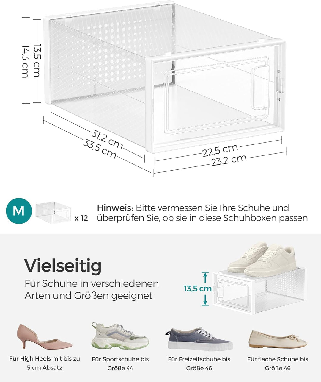 SONGMICS Schuhboxen, 12er Set, Schuh-Organizer aus Kunststoff, faltbar und stapelbar, für Schuhe bis