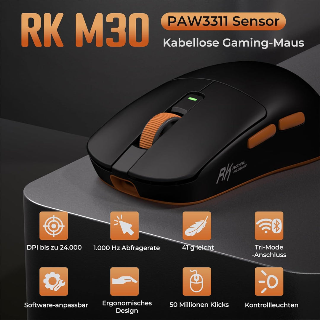 RK ROYAL KLUDGE M30 Gaming Mouse Wireless, 12000 DPI PixArt PAW3311 Sensor, 41g Ultralight, 1000Hz P