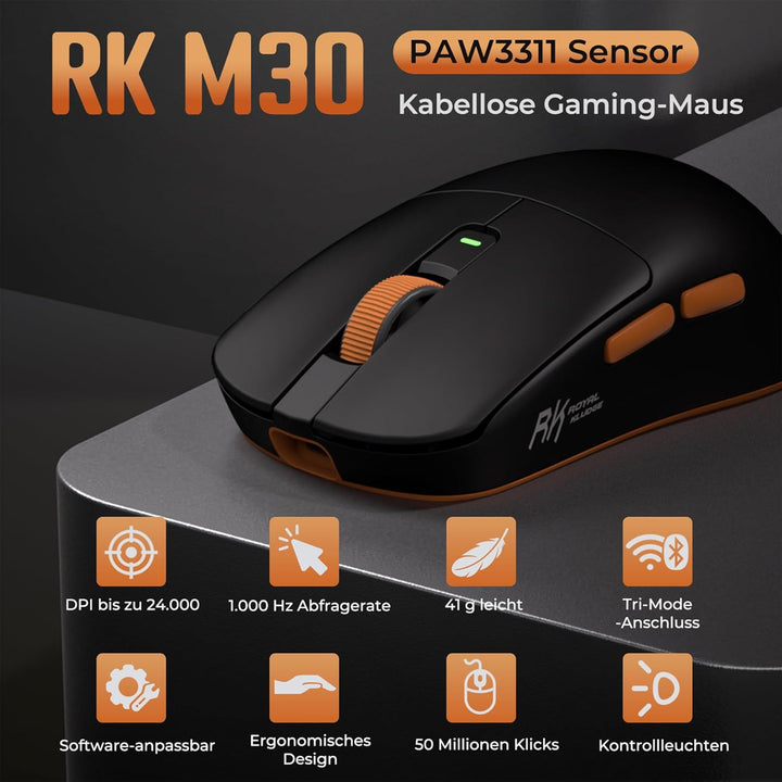 RK ROYAL KLUDGE M30 Gaming Mouse Wireless, 12000 DPI PixArt PAW3311 Sensor, 41g Ultralight, 1000Hz P