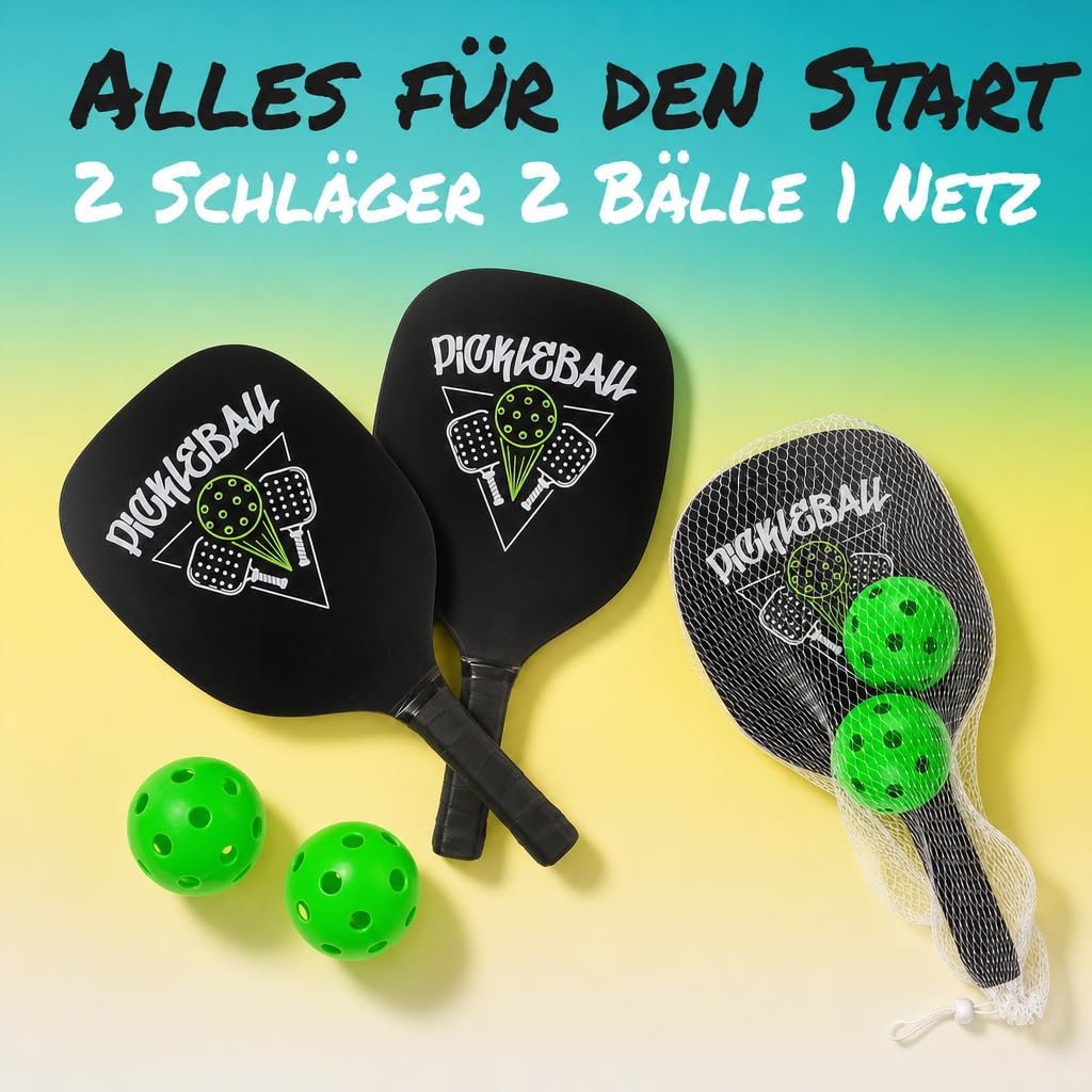 MIJOMA Pickleball Schlägerset – 2 robuste Schläger &amp; 2 grüne Bälle im Netz – Perfekt für Anfänger &amp;