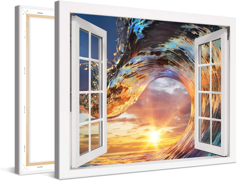 PICANOVA – Bild auf Leinwand Wellen-Sonnenuntergang Fenster 80x60cm – Leinwandbild – Premium Leinwan