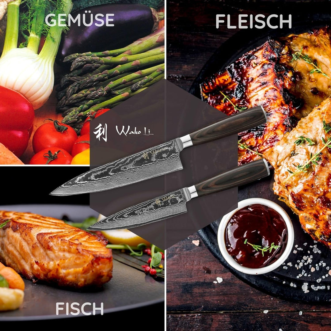 Wakoli EDIB Essentials Santoku Messer Küchenmesser Set (2-teilig) 30 & 24 cm Damastmesser aus 67 Lag