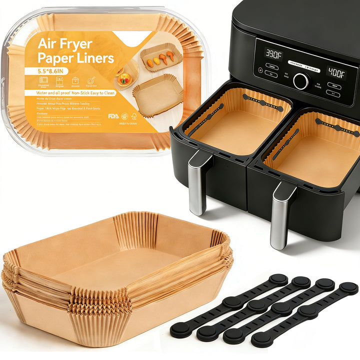 100 Stück Airfryer Backpapier+ 4 Stück Airfryer Silikon Magnete, THAKOI Heissluftfritteuse Zubehör N