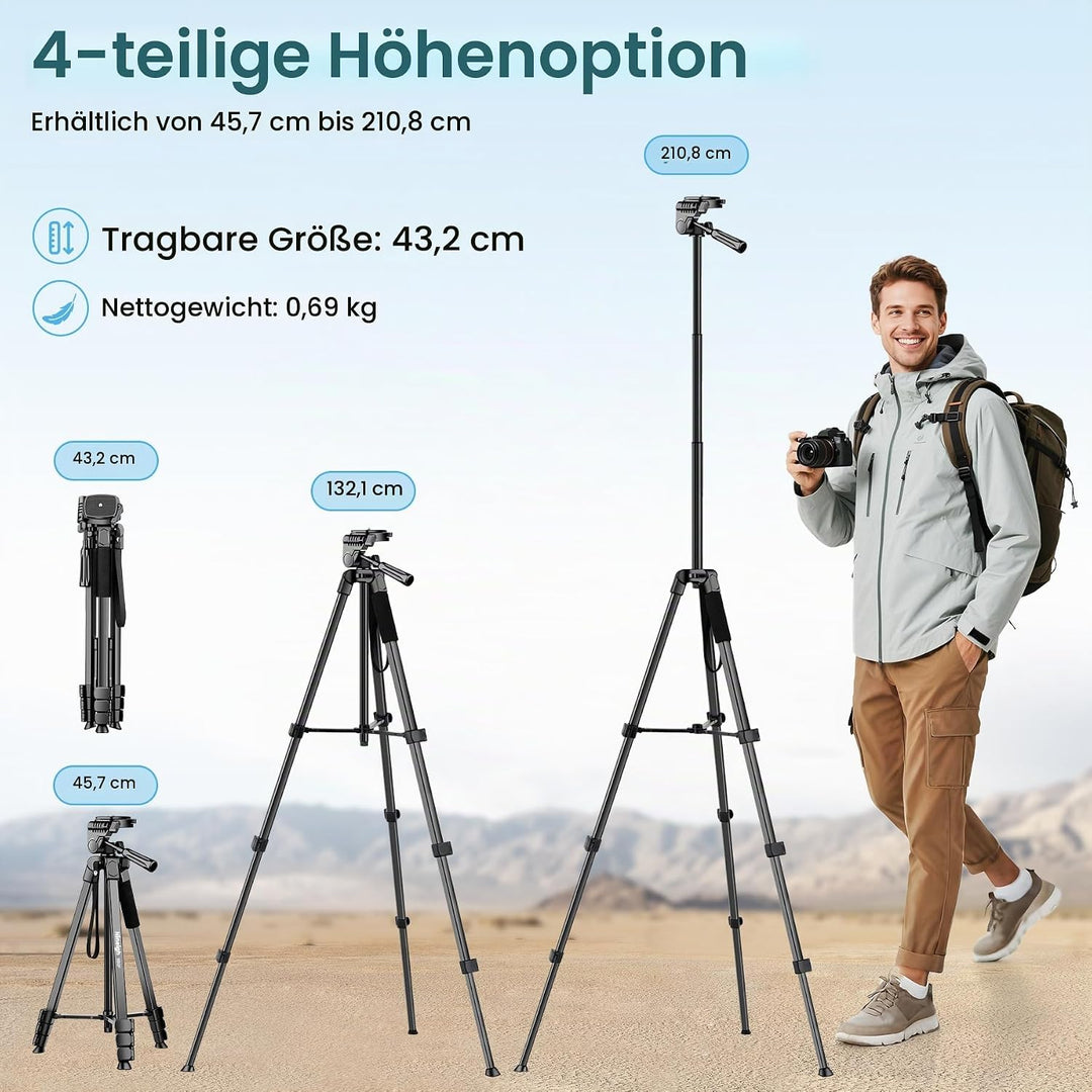 Nineigh Kamera Stativ,Tragbares Handy Stativ für Smartphone iPad mit 45-211cm Höhe, Leichtes Camera