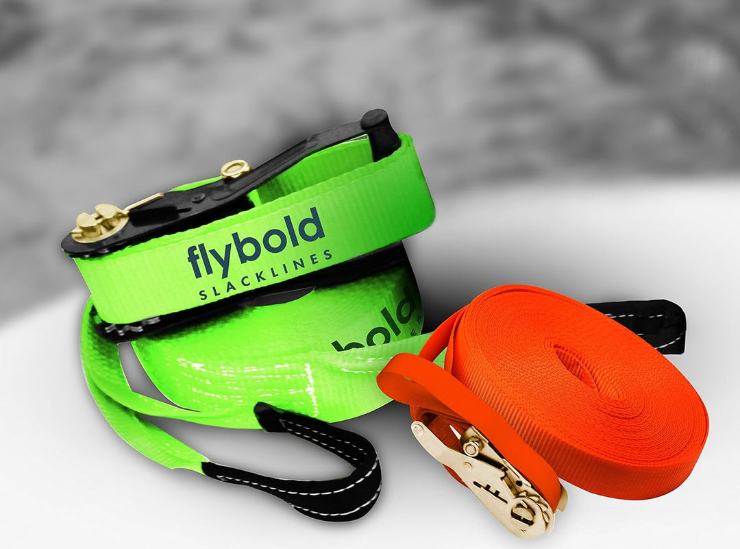 flybold Slackline Kit mit Trainingsleine Baumschutz Ratschenschutz Armtrainer 17,4 m einfache Einric
