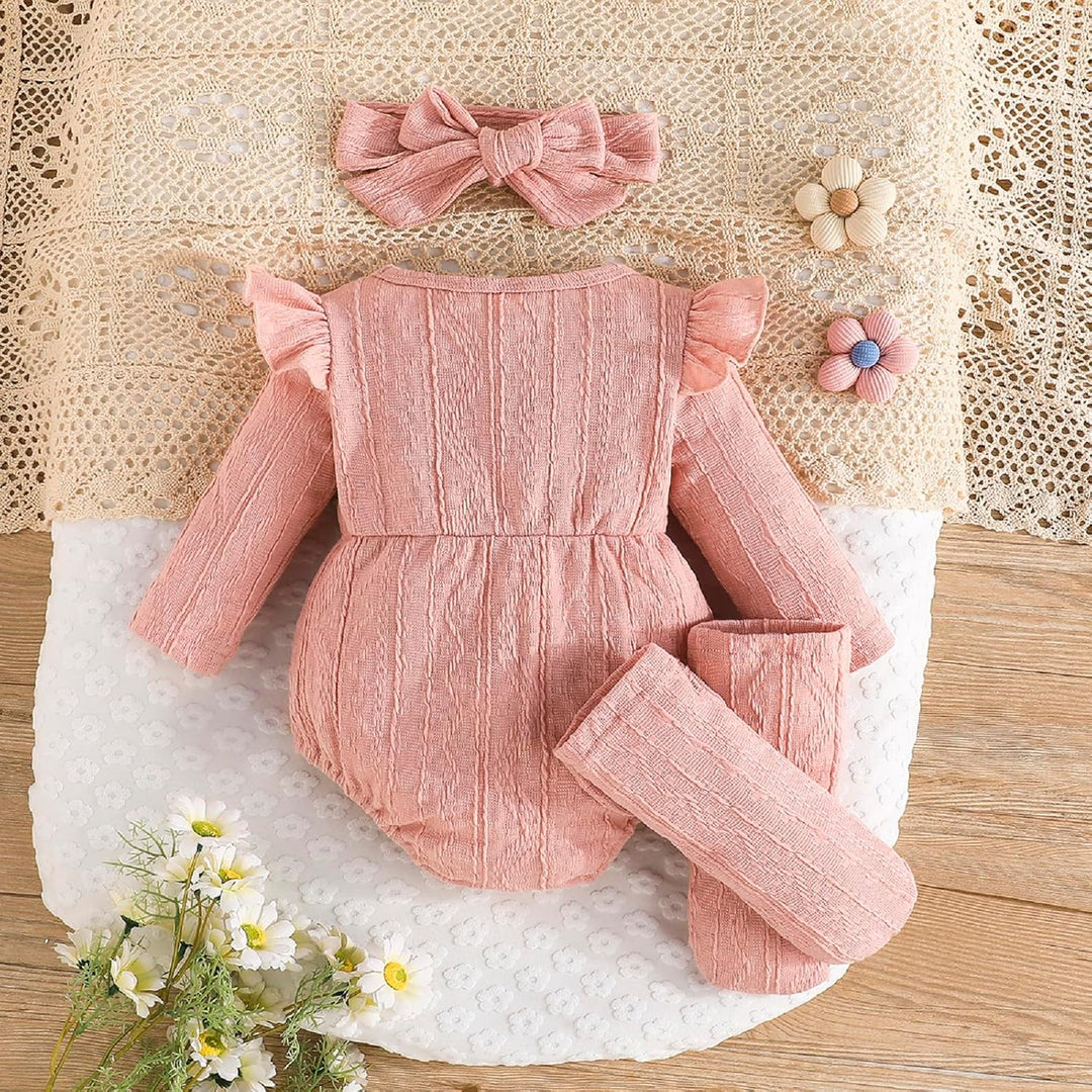 Kunyeah 3Pcs Baby Mädchen Outfits Kleinkind Ruffle Strampler Langarm Bodysuit+Bow Haarband+Socken Ne
