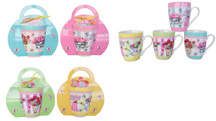 Set mit 4 Tassen mit Blumen, in Originalverpackung, als Geschenk für Hochzeiten, Kommunionen, origin