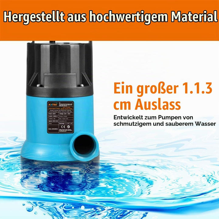 KATSU 400W Tragbare Tauchpumpe für sauberes und schmutziges Wasser für Gartenteich, Pools und Gräben