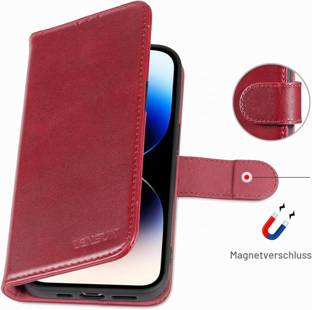 LENSUN Echtleder Hülle für iPhone 14 Pro, Premium Schutzhülle - Weinrot | Handyhülle Echtes Leder, L