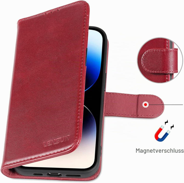 LENSUN Echtleder Hülle für iPhone 14 Pro, Premium Schutzhülle - Weinrot | Handyhülle Echtes Leder, L