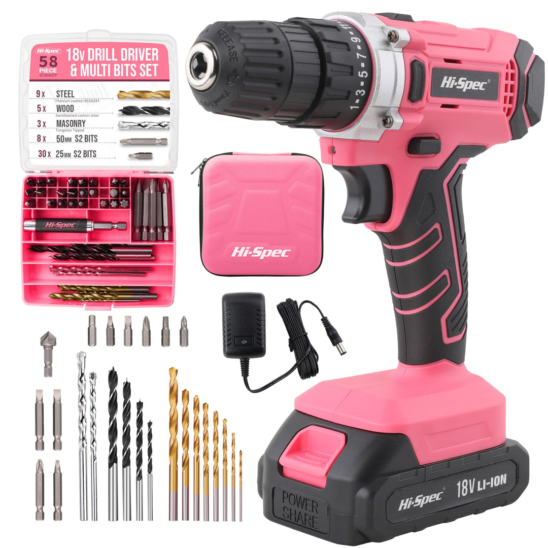 Hi-Spec 58-tlg. 18V-Akkubohrer in Pink Rosa mit S2 Bit Satz. DIY Akkuschrauber, Bohrmaschine für Met