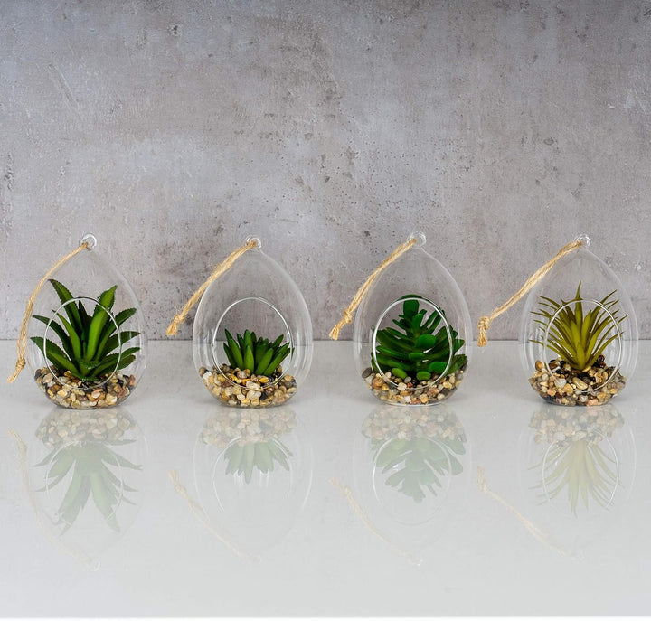 levandeo 4er Set Sukkulenten B x H 8,5x12,5cm Glas Kunstpflanze Grün Kunstblume Deko Tischdeko Wandd
