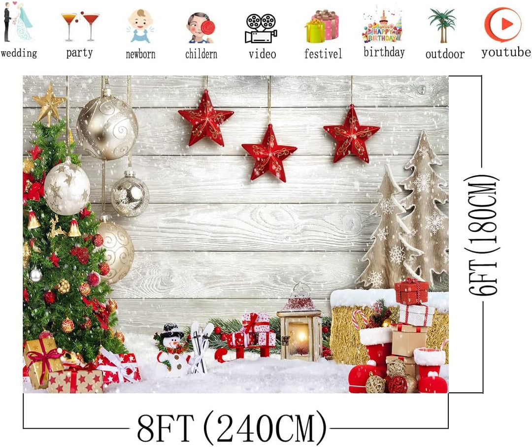 AIIKES 8x6FT Weihnachtshintergrund Weihnachtsbaum Geschenk Hintergrund Weiss Holzbrett Schneeflocke