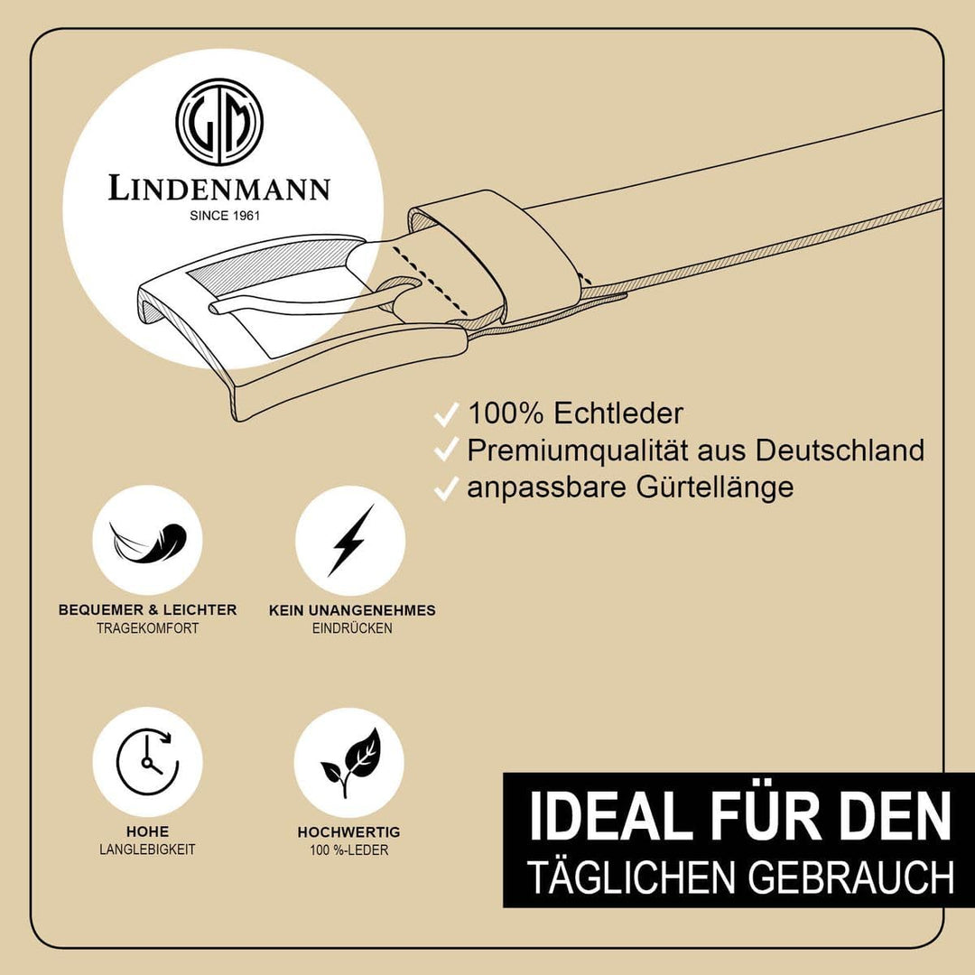 LINDENMANN Anzug-Ledergürtel Herren, Anzug-Gürtel Herren 35 mm breit Rindleder schwarz Bundweite 85