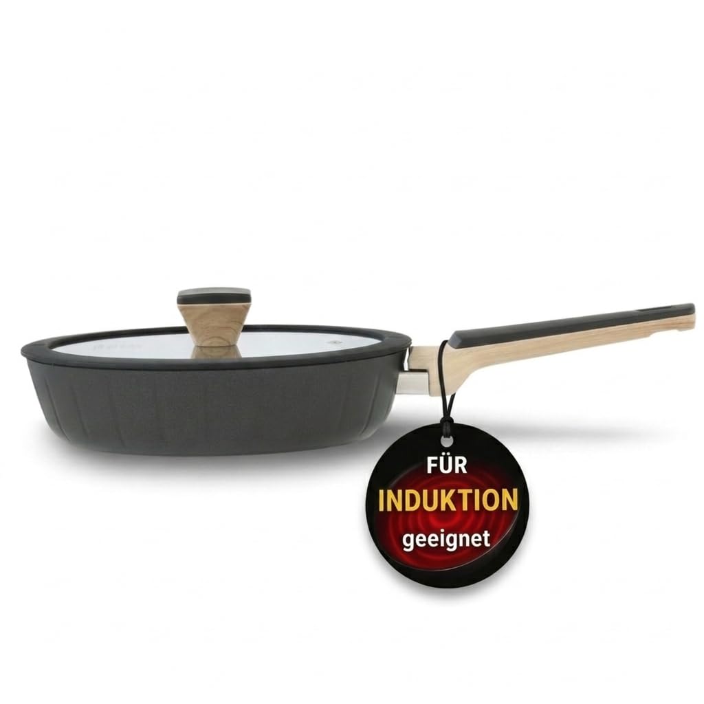 Pela Welle® Bratpfanne 28 cm Induktion, beschichtete Pfanne mit Deckel, schwarz | Bratpfanne Indukti