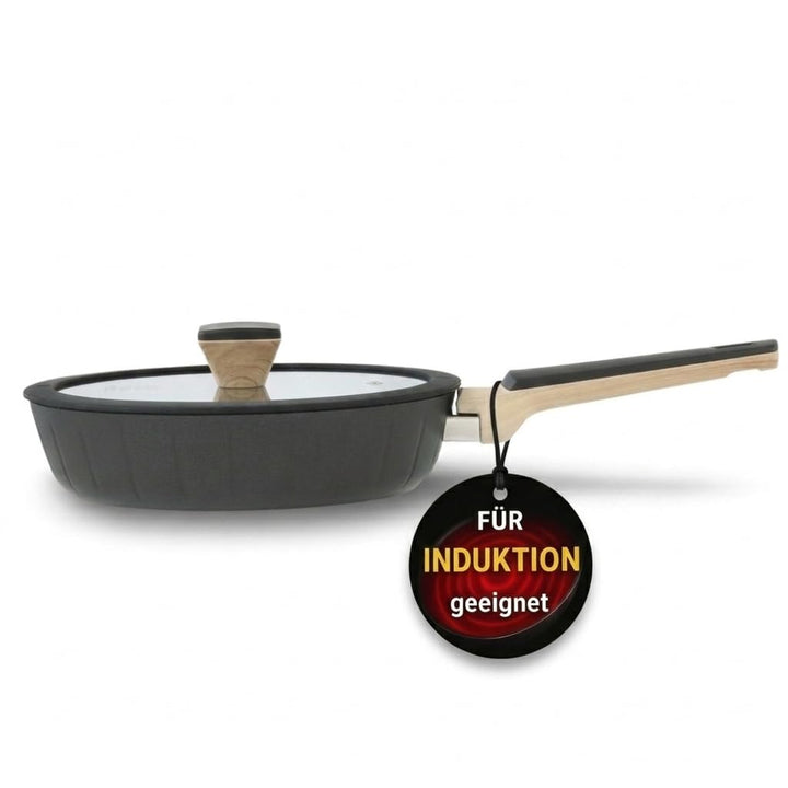 Pela Welle® Bratpfanne 28 cm Induktion, beschichtete Pfanne mit Deckel, schwarz | Bratpfanne Indukti