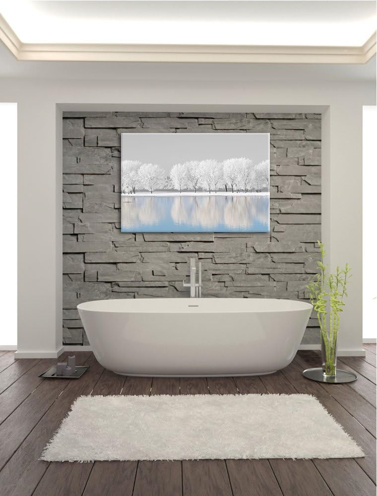 schneebedeckte Bäume an einem See schwarz/weiss Format: 100x70 auf Leinwand, XXL riesige Bilder fert
