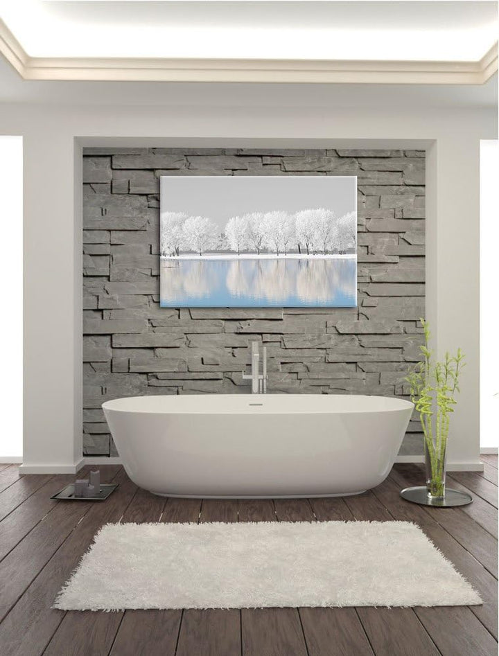 schneebedeckte Bäume an einem See schwarz/weiss Format: 100x70 auf Leinwand, XXL riesige Bilder fert