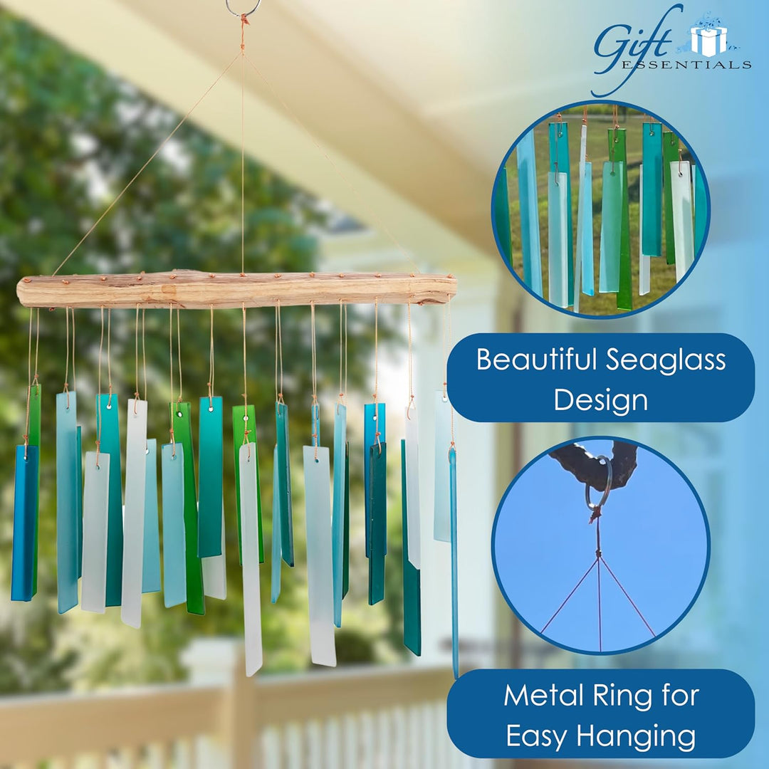 Blue Handworks Windspiel aus Seeglas und Treibholz, handgestrahltes Glas und Fundholz, handgefertigt