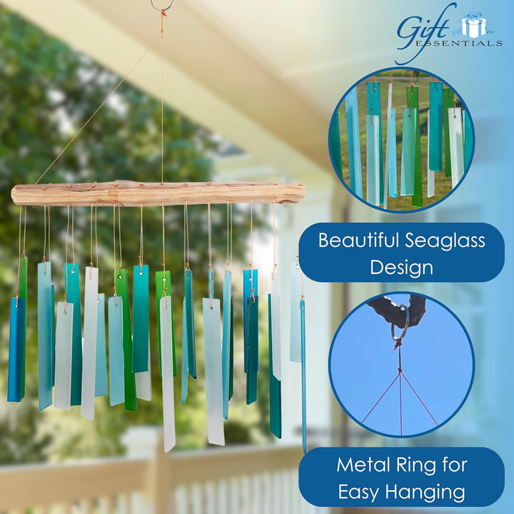 Blue Handworks Windspiel aus Seeglas und Treibholz, handgestrahltes Glas und Fundholz, handgefertigt