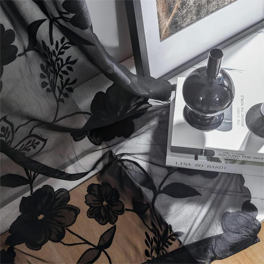Treatmentex Spitze Vorhang Jacquard Gardinen mit Ösen Schwarze 3D Blumenmuster Halbtransparente Vorh