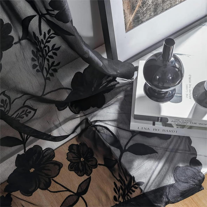 Treatmentex Spitze Vorhang Jacquard Gardinen mit Ösen Schwarze 3D Blumenmuster Halbtransparente Vorh