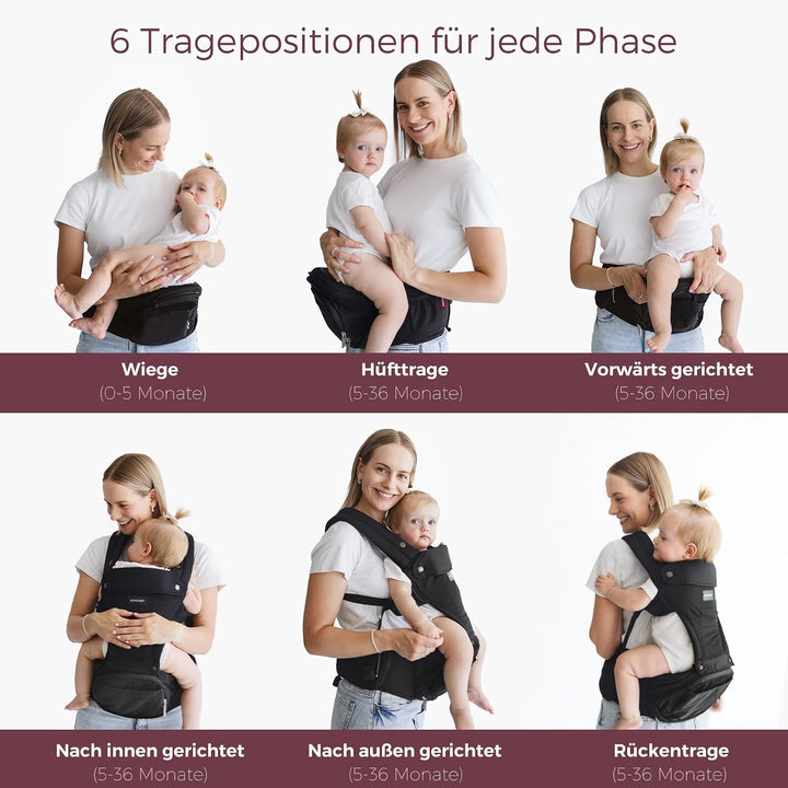 Momcozy Babytrage mit Hüftkissen, 2-in-1 Verstellbare &amp; Abnehmbare Babytrage bis 20kg, Atmungsaktive