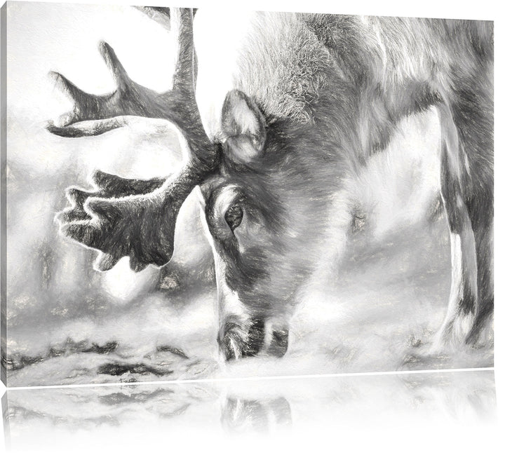 Pixxprint süsses Rentier beim Essen Kunst Kohle Effekt, Format: 100x70 auf Leinwand, 100x70