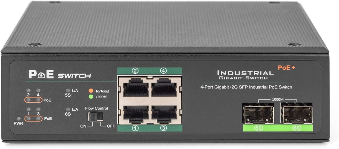 DIGITUS Industr.4-Port Gigabit PoE+ Switch W.2X SFP Uplink IEEE802.3af/at, Dinrail, erweiterter Temp