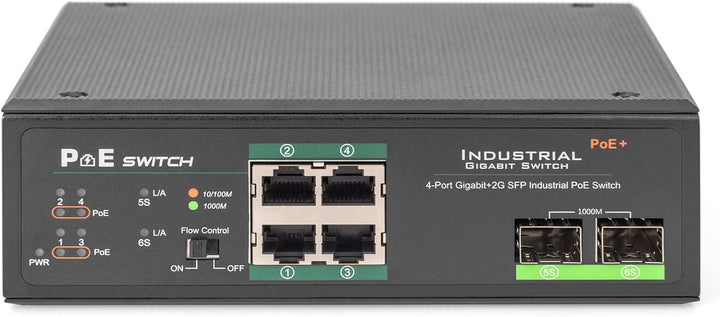 DIGITUS Industr.4-Port Gigabit PoE+ Switch W.2X SFP Uplink IEEE802.3af/at, Dinrail, erweiterter Temp
