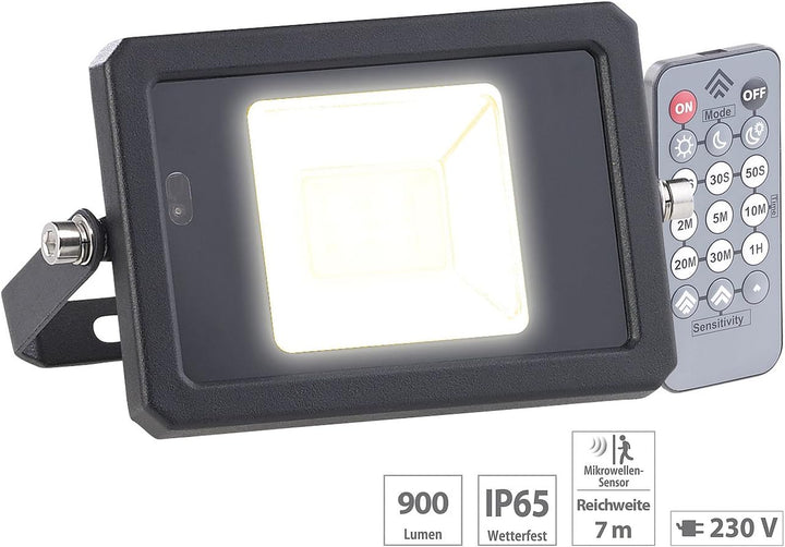 Luminea LED-Fluter Fernbedienung: 2er-Set wetterfeste LED-Fluter, Radar-Bewegungssensor, Fernbed., 1