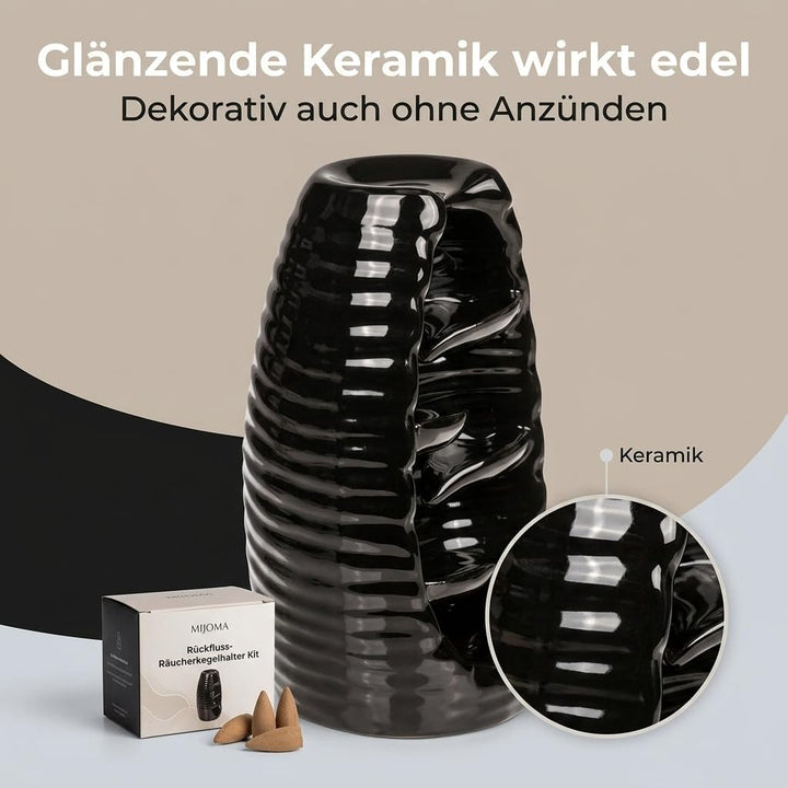 MIJOMA Rückfluss Räucherkegelhalter aus Schwarzer Keramik, Wasserfall-Räucherkegelhalter, Weihrauchb