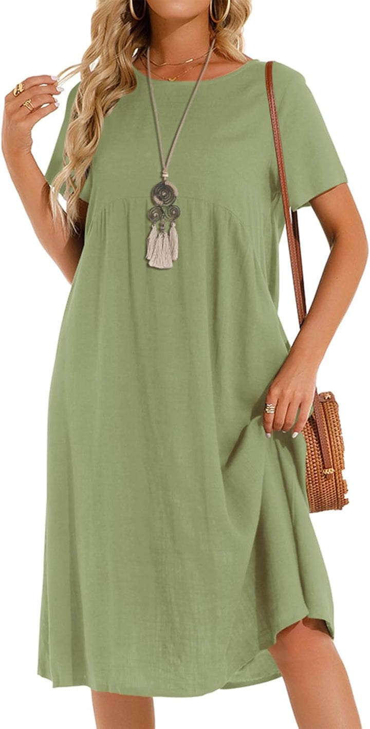 Sommerkleid Damen Leinen Kleider Casual V-Ausschnitt Midikleid Kurzarm A-Linie Kleid Strandkleid Ohn