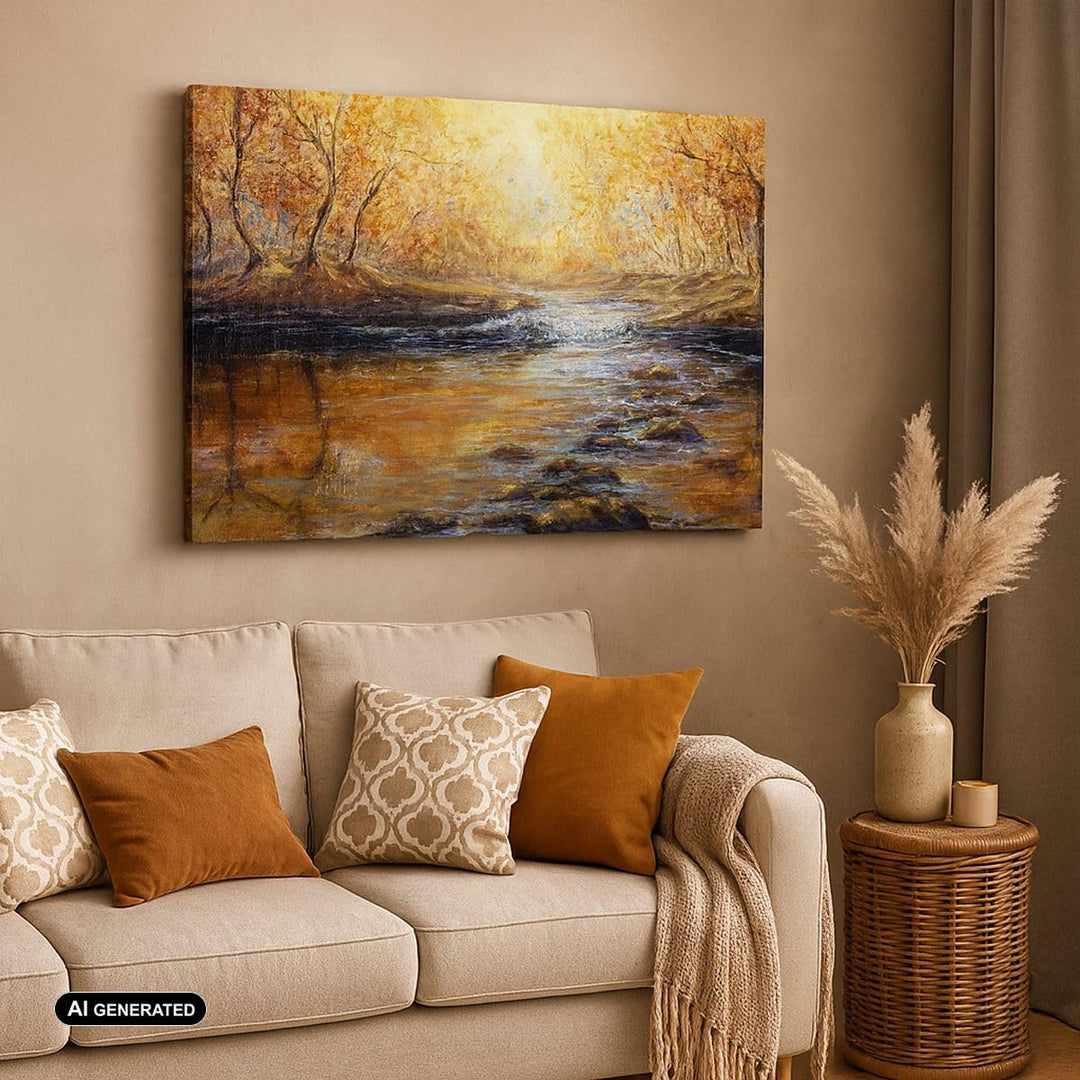 Bilder auf Leinwand 100x70cm Leinwandbild mit Rahmen Bach Park Baum Gross Wanddeko Bild Schlafzimmer