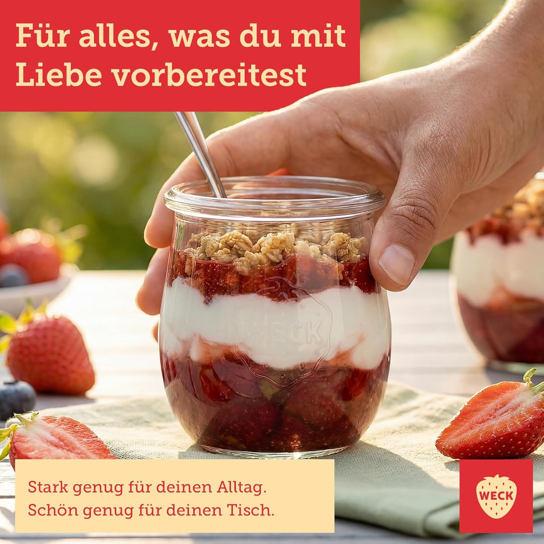 Weck Gläser 200ml – 12er Set mit Deckeln – Tulpenform – robuste, stapelbare Dessertgläser, Einkoch-