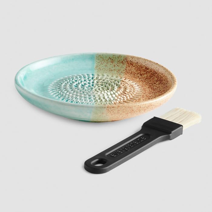 evergrate Geniales Duo: Tellerreibe + Dipschale Motiv Beach mit 2 Küchenpinsel und 2 Rezepthefte, Be