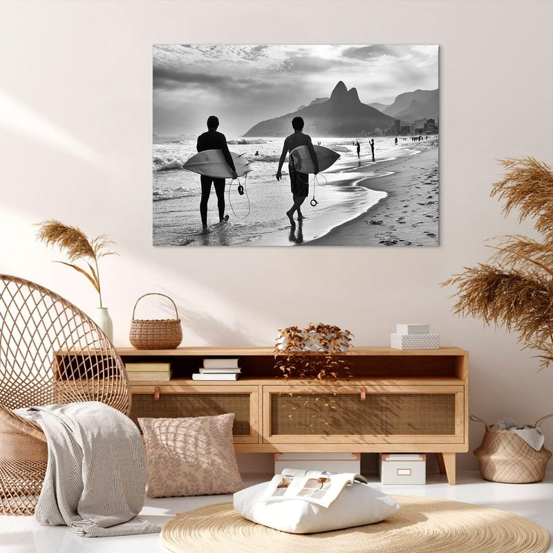 Bilder auf Leinwand 100x70cm Leinwandbild mit Rahmen Meer Welle Surfen Gross Wanddeko Bild Schlafzim