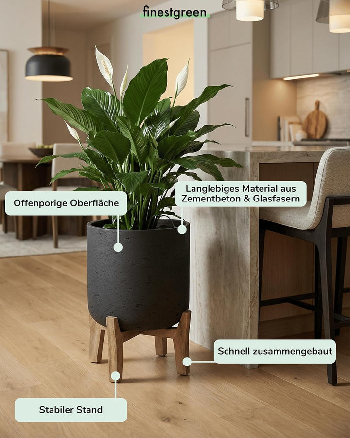 Finestgreen Charlie Feet Low | Handgefertigtes Pflanzgefäss auf Holzfüssen (L Ø:29,5 H:34,5 cm, Schw