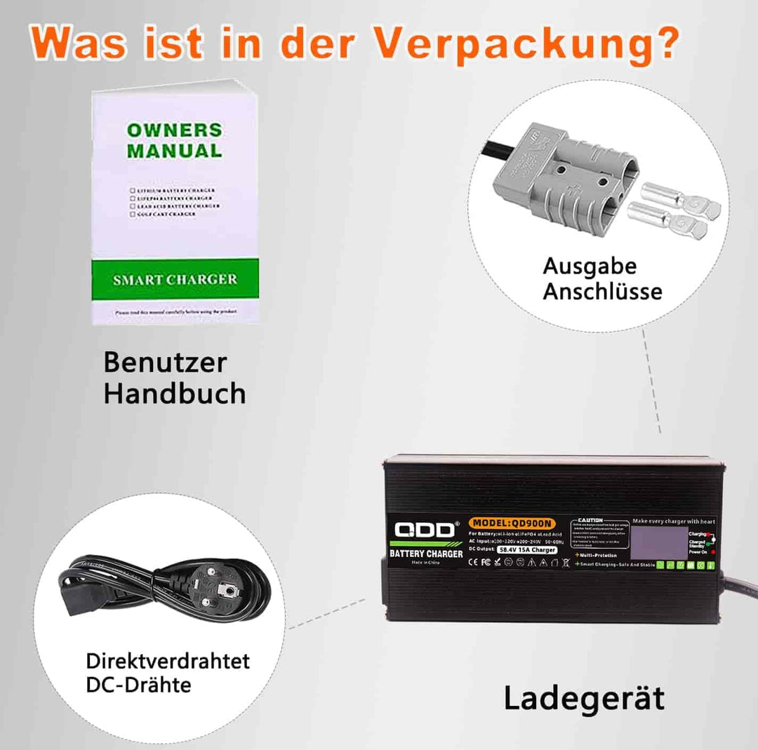 QDD 48 V / 58,4 V 15 A Lifepo4-Batterieladegerät 220 V mit Kühllüfter und Anderson 50 A-Ausgang Life