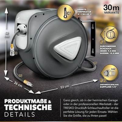 TRESKO® 30m Druckluftschlauch Aufroller automatisch 1/4" Anschluss | Schlauchtrommel Wandschlauchhal