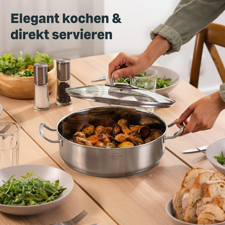 SILBERTHAL Schmorpfanne Unbeschichtet 28 cm hoher Rand - Servierpfanne mit Deckel - Backofengeeignet