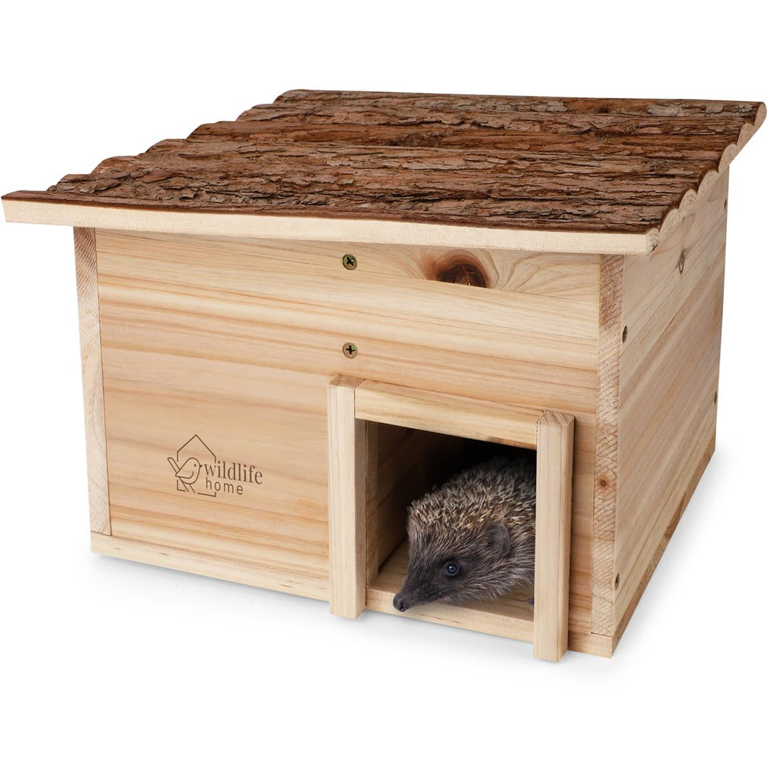wildlife home Igelhaus Winterfest aus Holz mit Boden & wetterfestem Rindendach I Igelfutterhaus I Ka