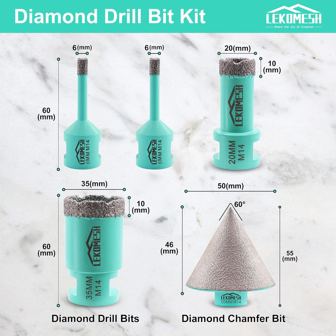 Diamant Bohrkrone Kit - 5pcs (6/6/20/35mm+50mm Diamant Fasenfräser) LEKOMESH Diamant Lochsäge Für Po