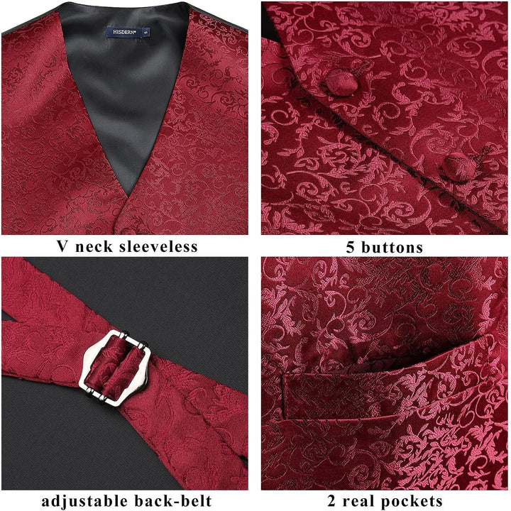 HISDERN Herren FLoral Hochzeit Weste Krawatte Einstecktuch Taschentuch Jacquard Weste Anzug Set XS B