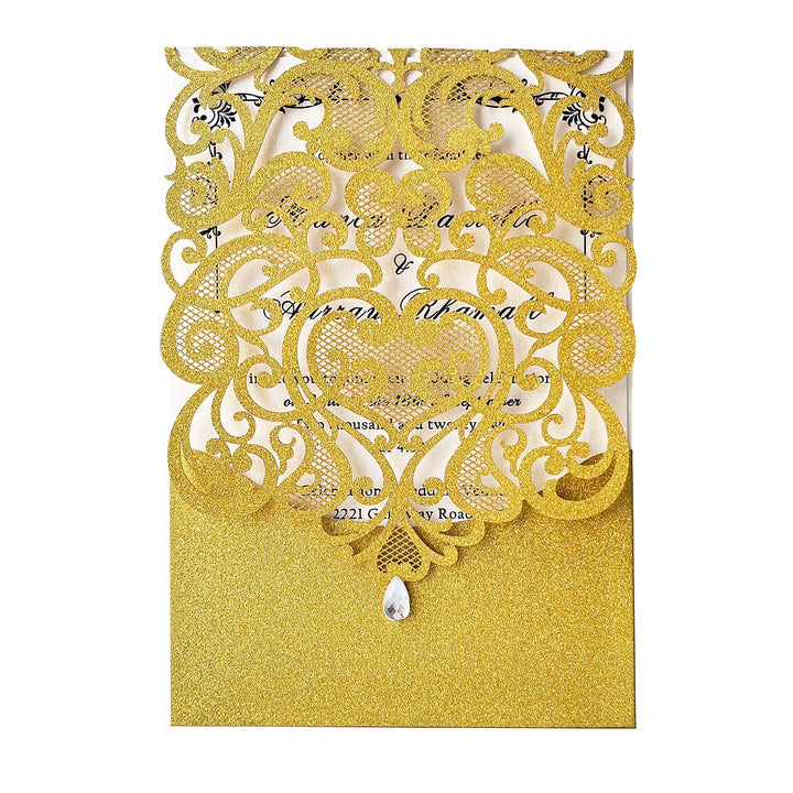 Hosmsua 20x Golden Glitzer Hochzeit EinladungsKarten Lasercut Rose Spitze Wasserdiamant Hochzeitsein