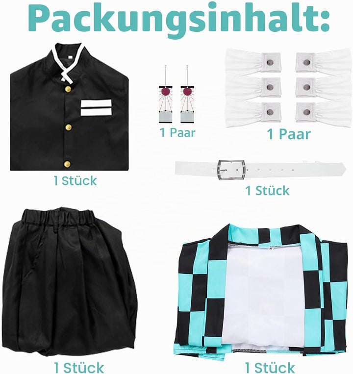 Alaiyaky Tanjirou Cosplay Kostüm mit Earrings, Demon Slayer Tanjirou Cosplay Kimono Halloween Jacke