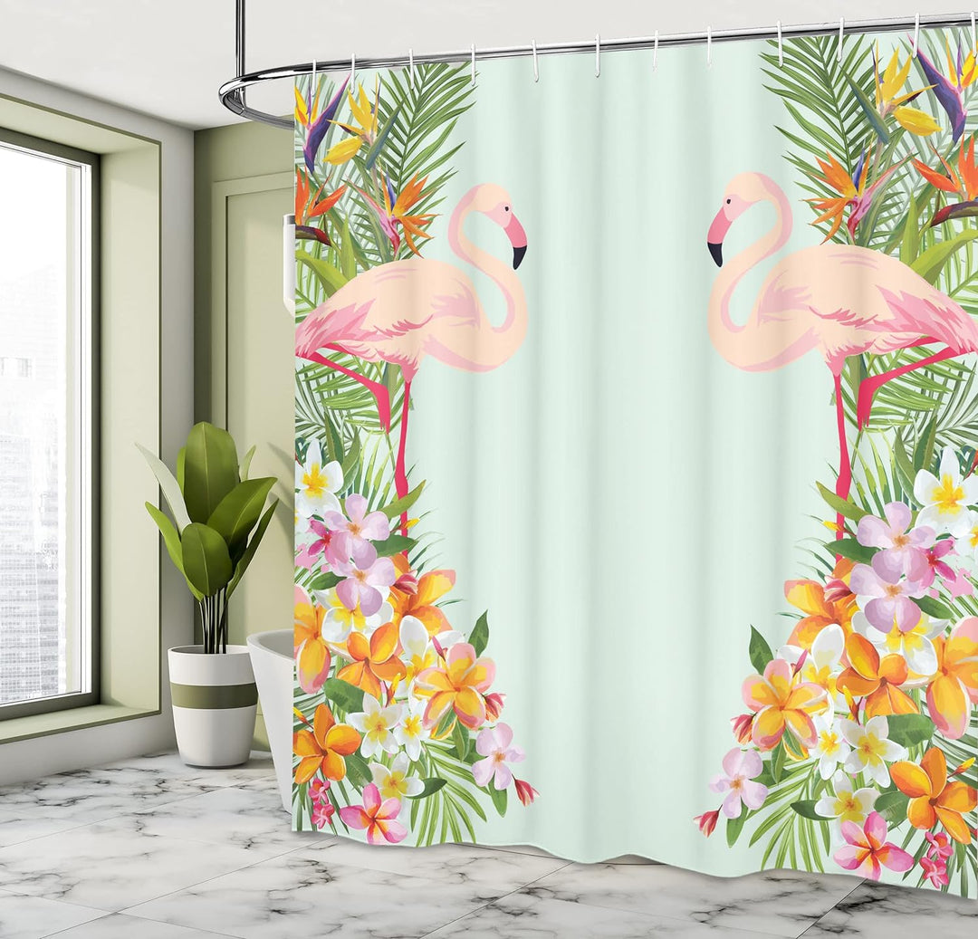 ABAKUHAUS Flamingo Duschvorhang, Tropische Blumen Tiere, mit 12 Ringe Set Wasserdicht Stielvoll Mode