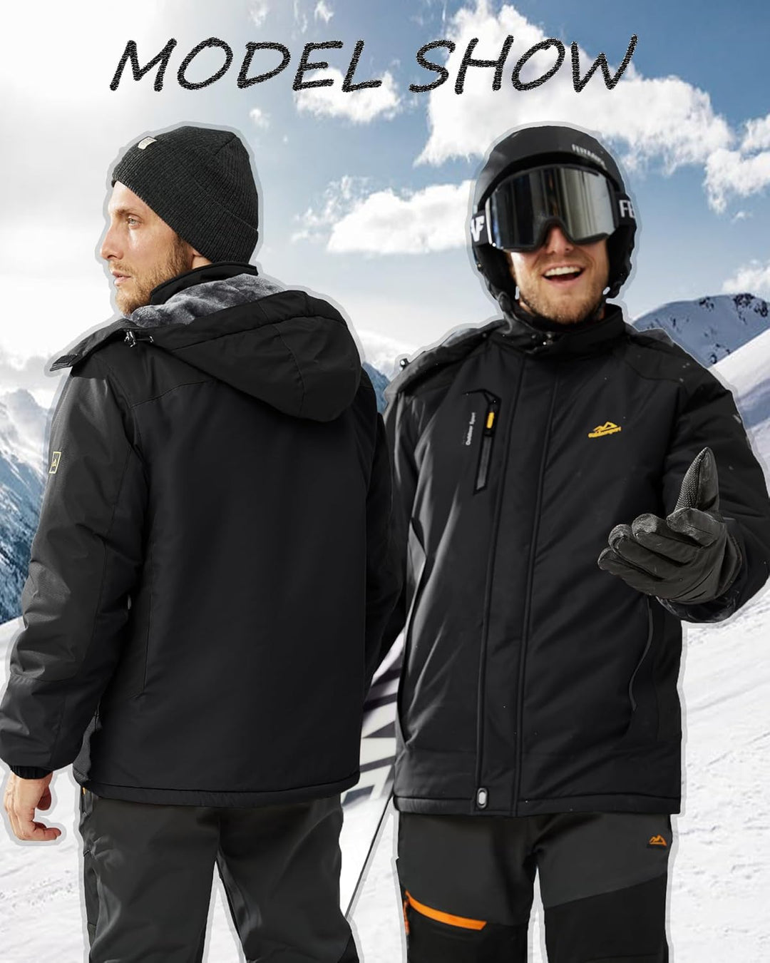 KEFITEVD Herren Winter Wasserabweisende Skijacke Fleece Gefüttert Arbeitsjacke mit Abnehmbarer Kapuz