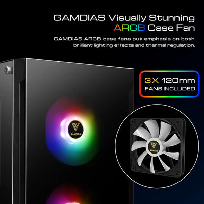 GAMDIAS ATX Mid-Tower Gaming-PC-Gehäuse, Enthält 3 x 120 mm ARGB-Lüfter, High Airflow Mesh Front, Ge